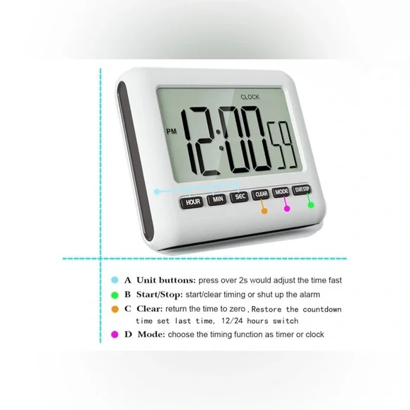 12/24 Hour Magnetic Kitchen Timer Digital Clock with Alarm, Large Screen Alarm a - Picture 2 of 7